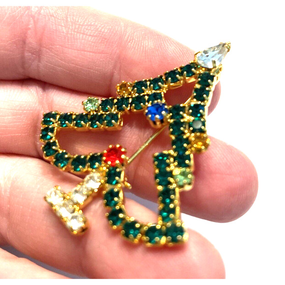 Rhinestones Christmas Tree Brooch Gold & Multicolor Mid Century Festive Pin - Picture 8 of 8